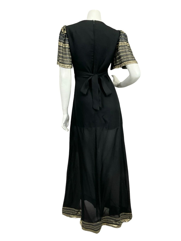 VTG 60S 70S VERA MONT BLACK GOLD STRIPED EMPIRE LUREX GLITTERY MAXI DRESS 10 12