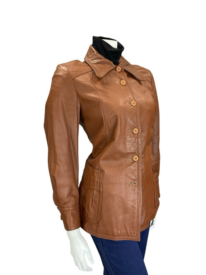 VTG 60S 70S WESTERN BROWN DAGGER COLLAR PLEATED LEATHER JACKET W/ POCKETS 10