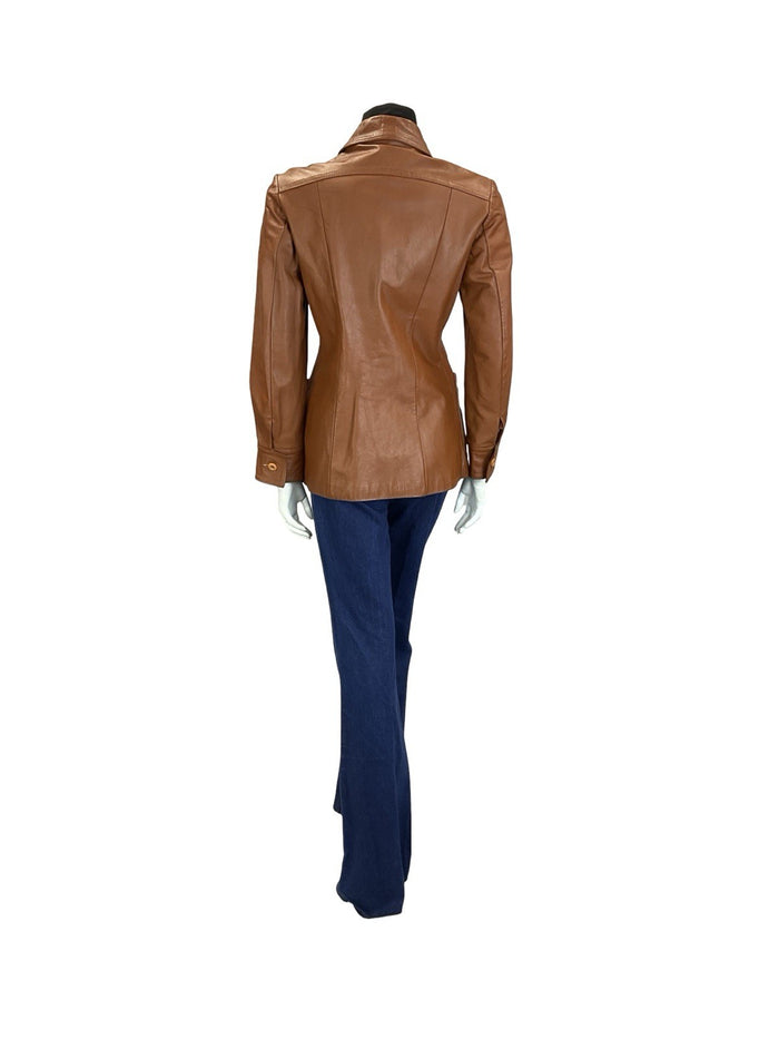 VTG 60S 70S WESTERN BROWN DAGGER COLLAR PLEATED LEATHER JACKET W/ POCKETS 10