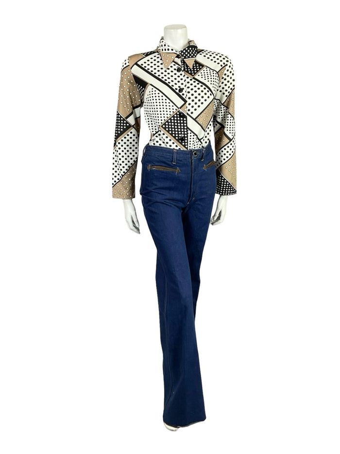 VTG 60S 70S WHITE BEIGE BLACK POLKA DOT GEOMETRIC DAGGER COLLAR SHIRT 12 14 M