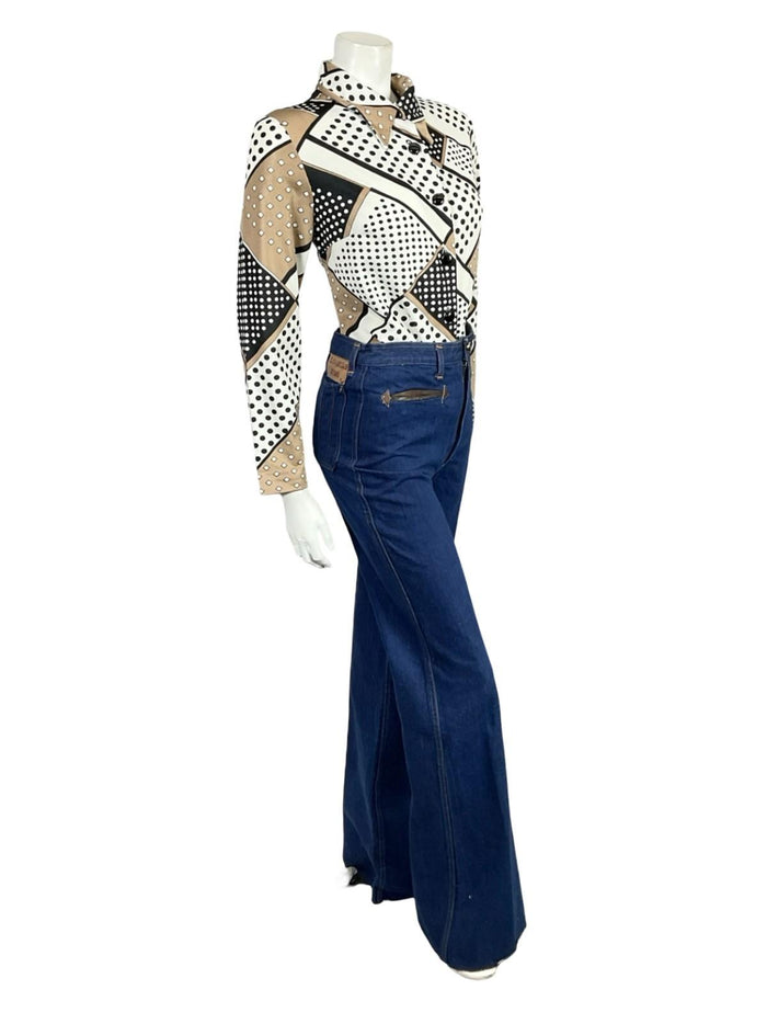 VTG 60S 70S WHITE BEIGE BLACK POLKA DOT GEOMETRIC DAGGER COLLAR SHIRT 12 14 M