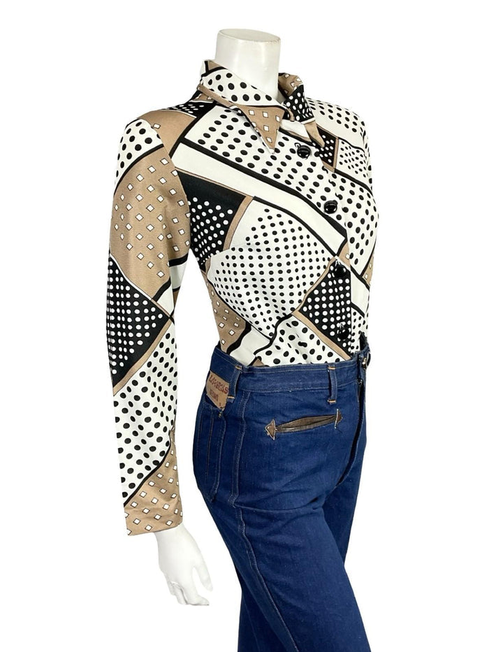 VTG 60S 70S WHITE BEIGE BLACK POLKA DOT GEOMETRIC DAGGER COLLAR SHIRT 12 14 M