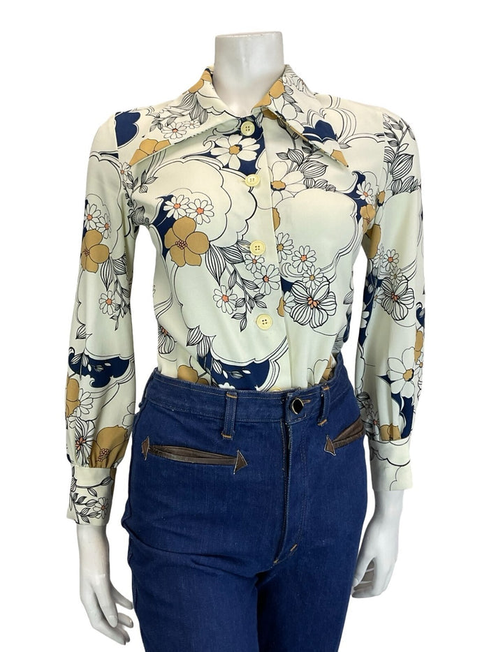 VTG 60S 70S WHITE BEIGE NAVY BLUE BLACK FLORAL SWIRL DAGGER COLLAR SHIRT 10
