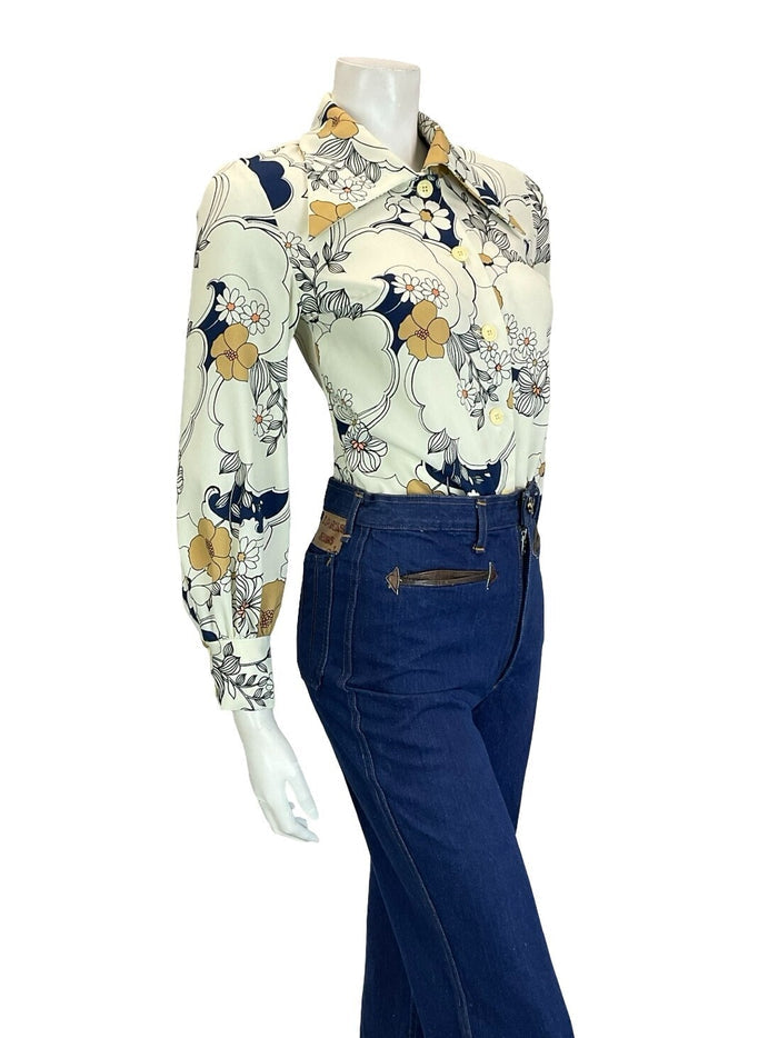 VTG 60S 70S WHITE BEIGE NAVY BLUE BLACK FLORAL SWIRL DAGGER COLLAR SHIRT 10