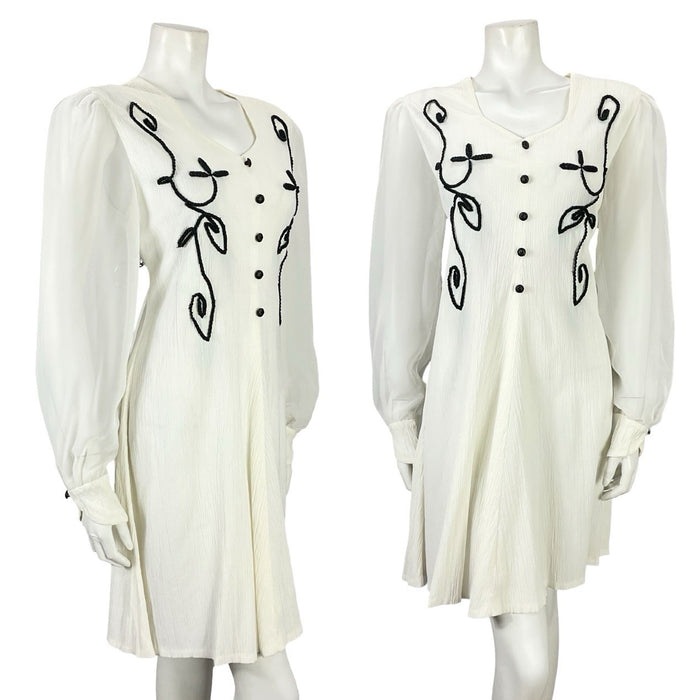 VTG 60S 70S WHITE BLACK PLISSE MESH BISHOP SLEEVES MOD A LINE SHIFT DRESS 12