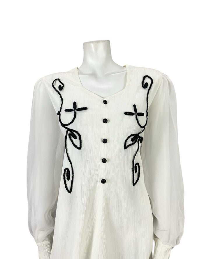 VTG 60S 70S WHITE BLACK PLISSE MESH BISHOP SLEEVES MOD A LINE SHIFT DRESS 12