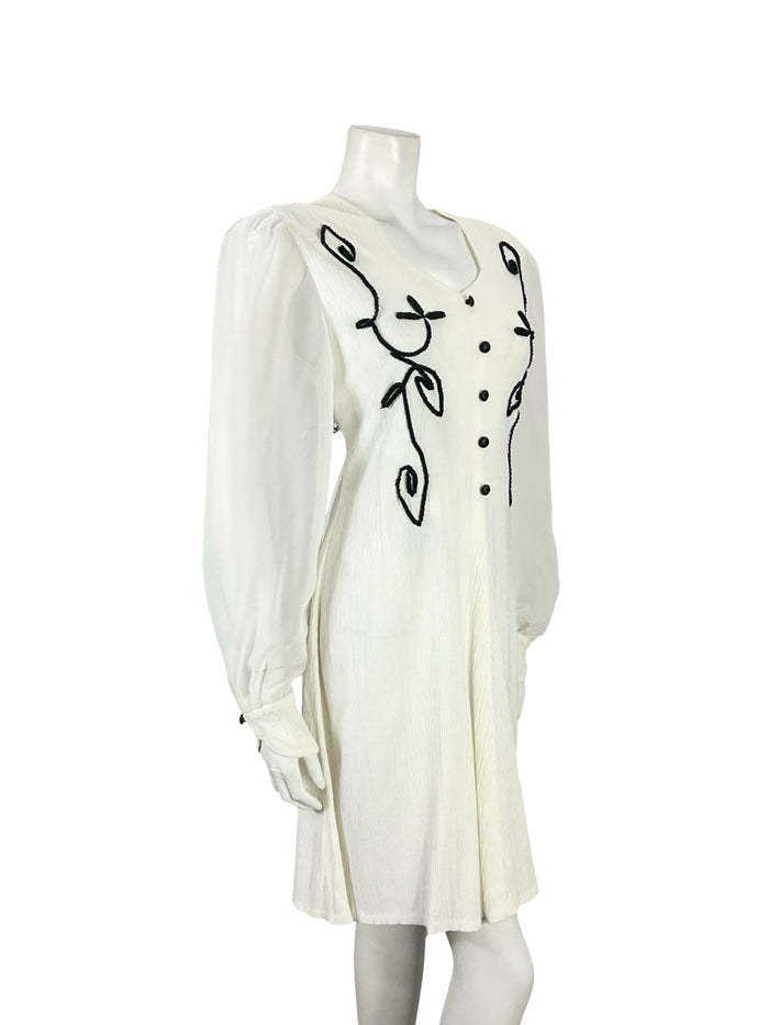 VTG 60S 70S WHITE BLACK PLISSE MESH BISHOP SLEEVES MOD A LINE SHIFT DRESS 12