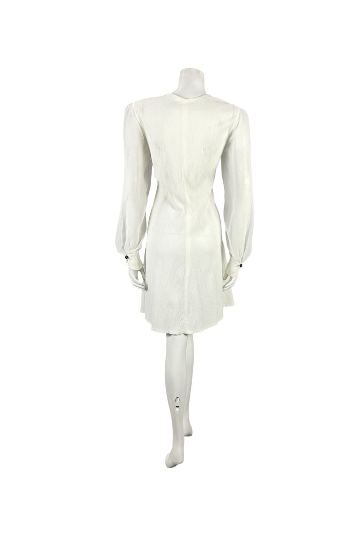 VTG 60S 70S WHITE BLACK PLISSE MESH BISHOP SLEEVES MOD A LINE SHIFT DRESS 12