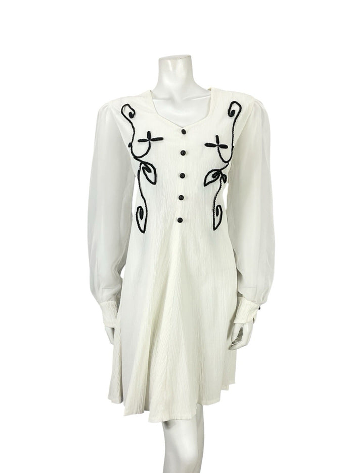 VTG 60S 70S WHITE BLACK PLISSE MESH BISHOP SLEEVES MOD A LINE SHIFT DRESS 12
