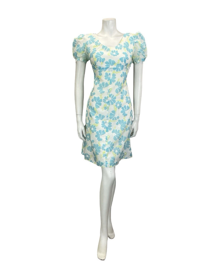 VTG 60S 70S WHITE BLUE GREEN FLORAL PUFF SLEEVE EMPIRE MESH DRESS 8