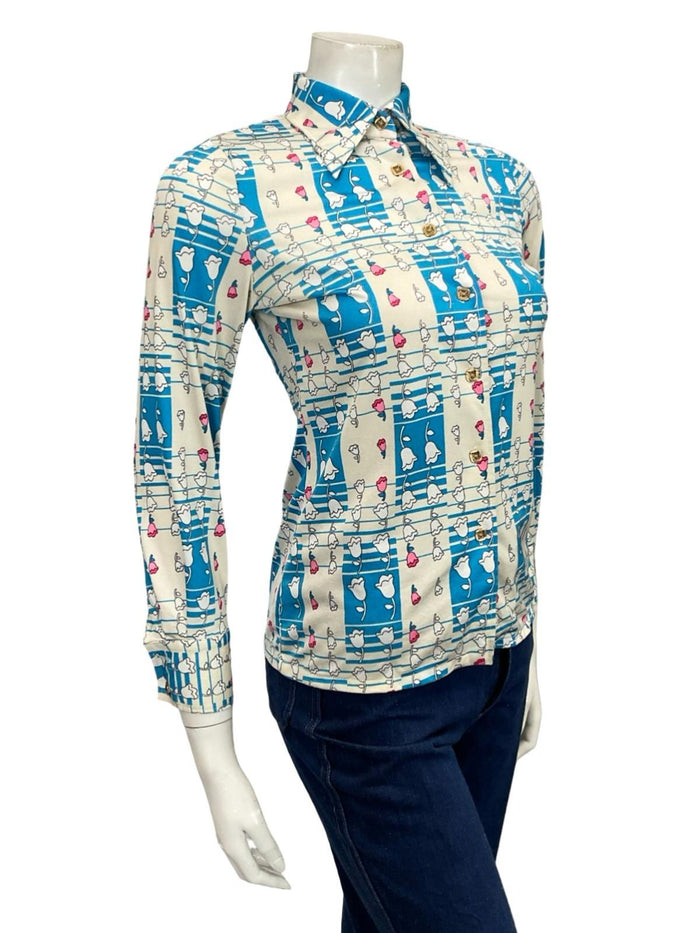 VTG 60S 70S WHITE BLUE PINK GEOMETRIC OP ART FLORAL DAGGER COLLAR SHIRT XS 6