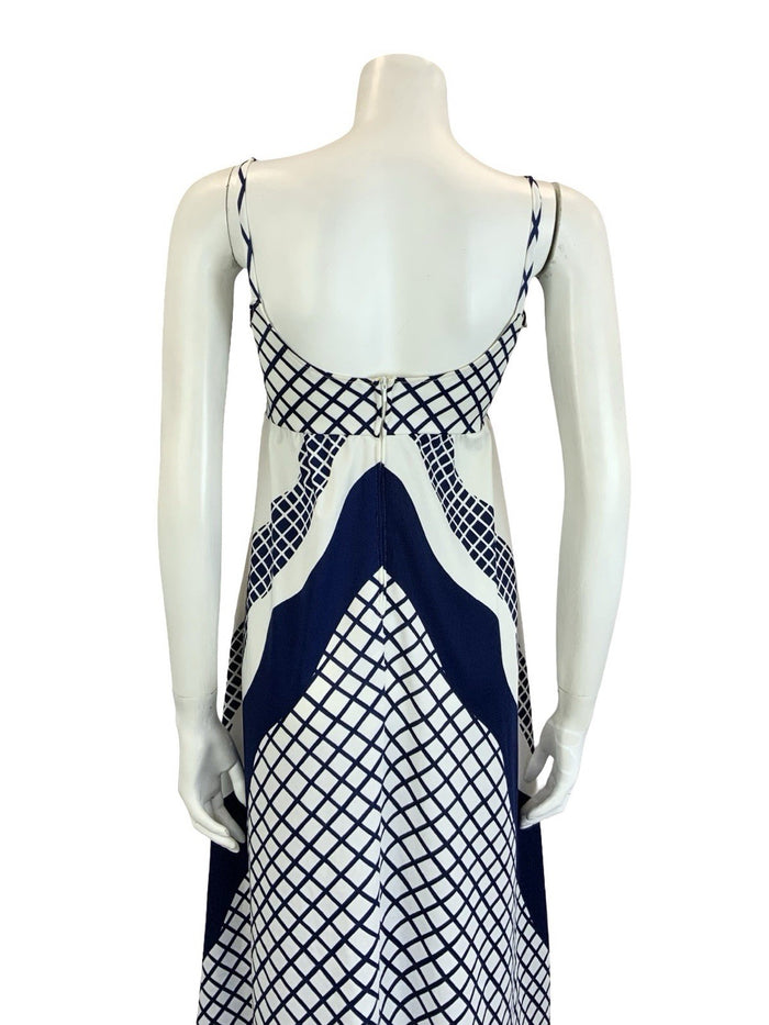 VTG 60S 70S WHITE BLUE RED FLORAL GRID CHEVRON GEOMETRIC STRAPPY EMPIRE DRESS 12