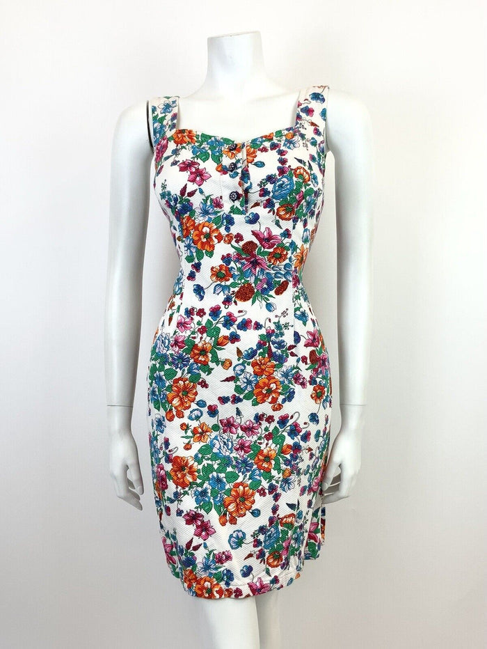 VTG 60s 70s WHITE BLUE RED GREEN FLORAL SWEETHEART PINAFORE APRON SUNDRESS 8