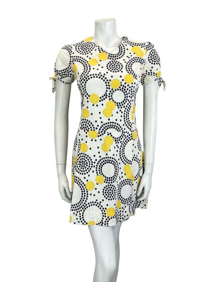 VTG 60S 70S WHITE BLUE YELLOW GEOMETRIC DOT PUFF SLEEVE PLEATED MINI DRESS 12