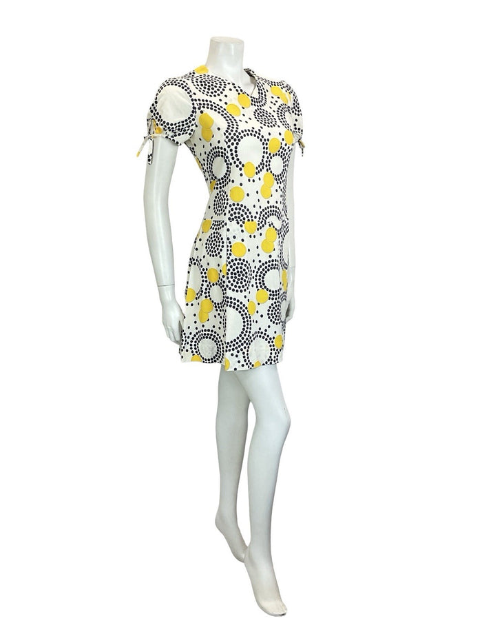 VTG 60S 70S WHITE BLUE YELLOW GEOMETRIC DOT PUFF SLEEVE PLEATED MINI DRESS 12