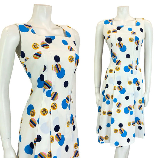 VTG 60S 70S WHITE BLUE YELLOW GEOMETRIC DOTTY PLEATED SQUARE NECK DRESS 12