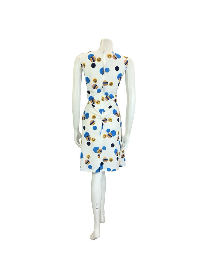 VTG 60S 70S WHITE BLUE YELLOW GEOMETRIC DOTTY PLEATED SQUARE NECK DRESS 12
