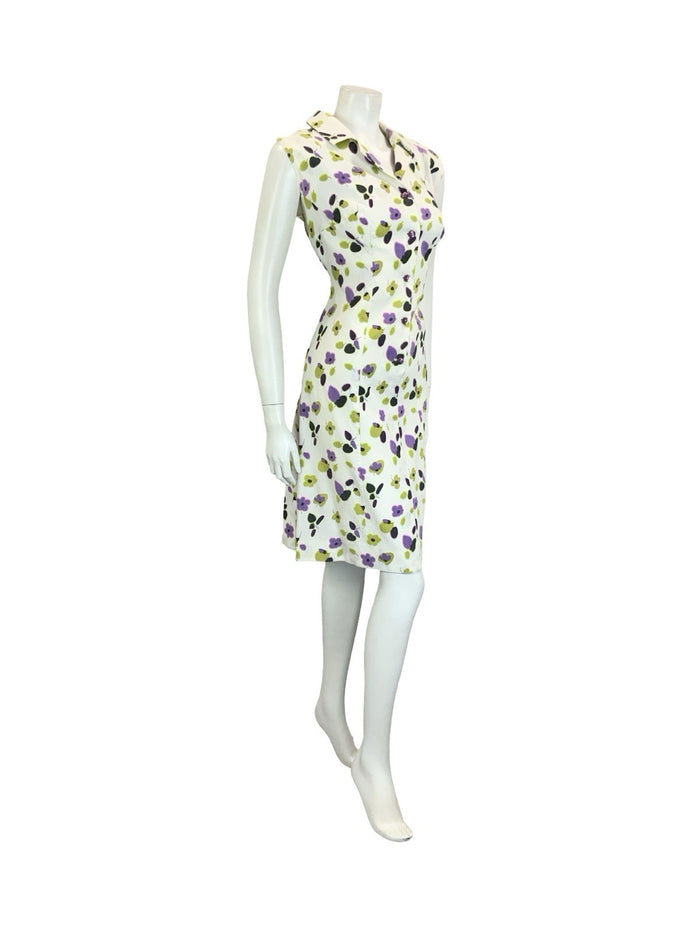 VTG 60S 70S WHITE BLUE YELLOW GEOMETRIC DOTTY PLEATED SQUARE NECK DRESS 12