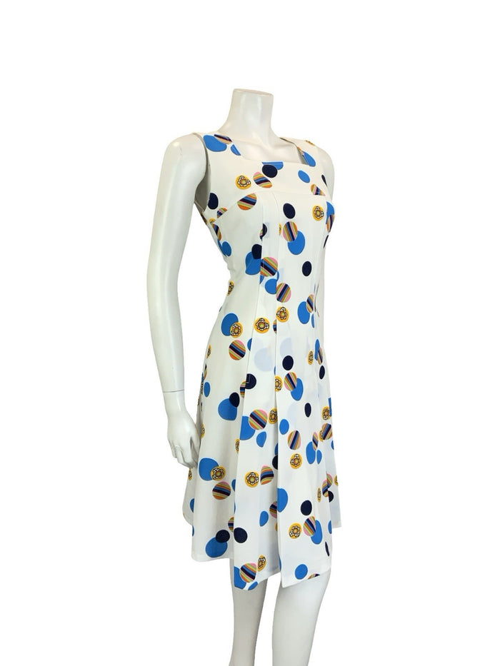 VTG 60S 70S WHITE BLUE YELLOW GEOMETRIC DOTTY PLEATED SQUARE NECK DRESS 12
