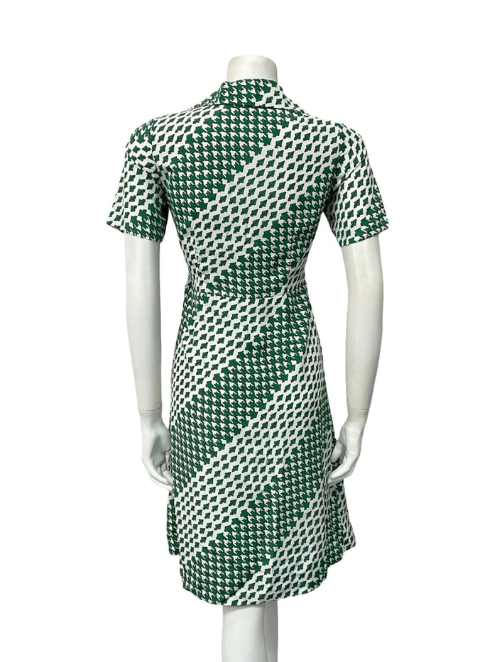 VTG 60S 70S WHITE GREEN GEOMETRIC HOUNDSTOOTH PLEATED SHIRT DRESS 12