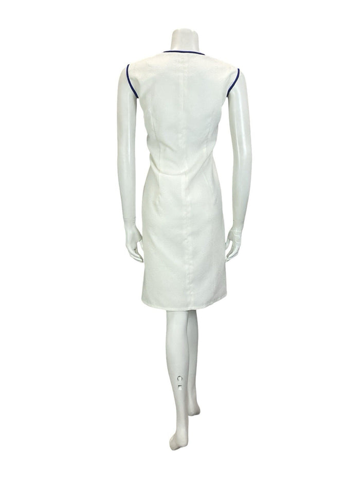 VTG 60S 70S WHITE NAVY BLUE GEOMETRIC EMBOSSED NAUTICAL SAILOR SHIFT DRESS 14