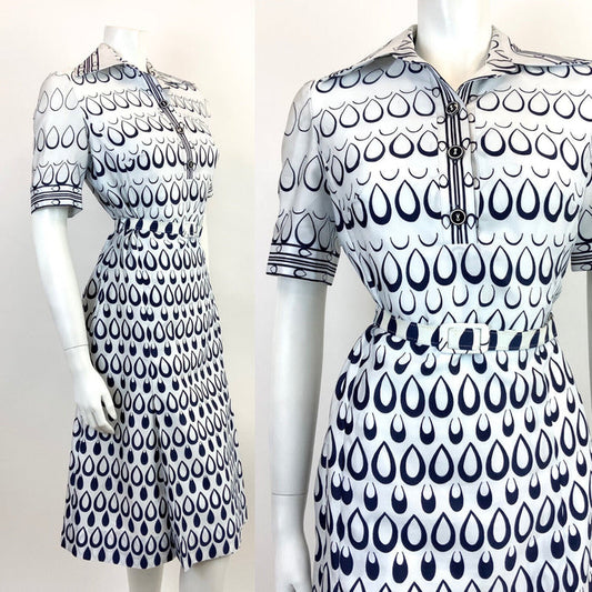 VTG 60s 70s WHITE NAVY BLUE TEARDROP MOD BELTED DAGGER COLLAR SHIRT DRESS 8 10