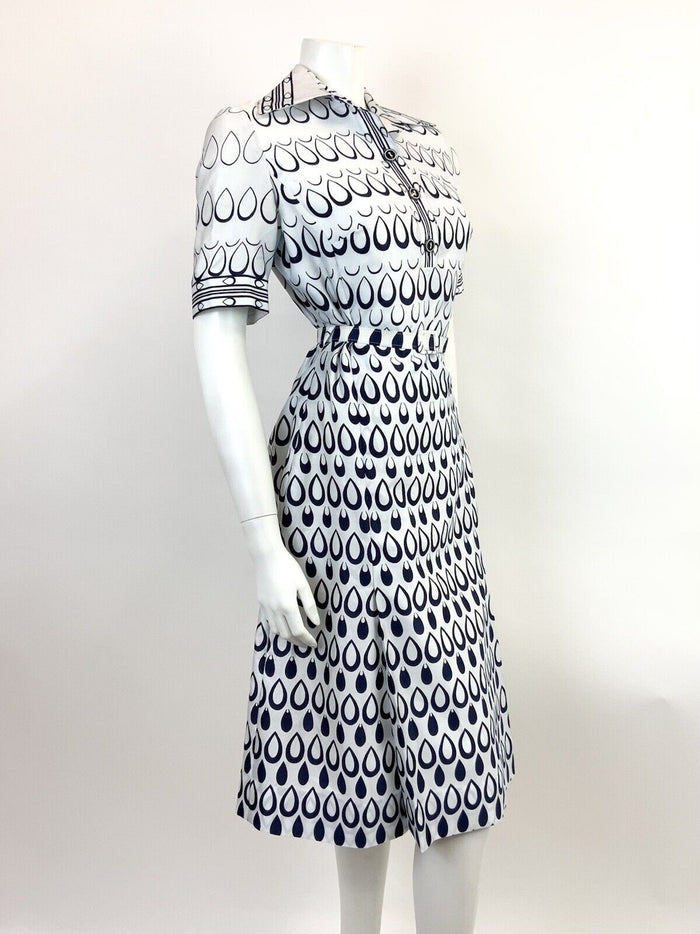 VTG 60s 70s WHITE NAVY BLUE TEARDROP MOD BELTED DAGGER COLLAR SHIRT DRESS 8 10