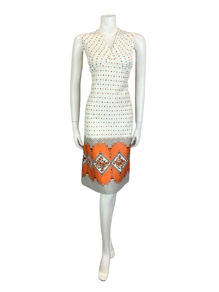 VTG 60S 70S WHITE ORANGE BROWN GEOMETRIC POLKA DOT FLORAL V NECK MIDI DRESS 12