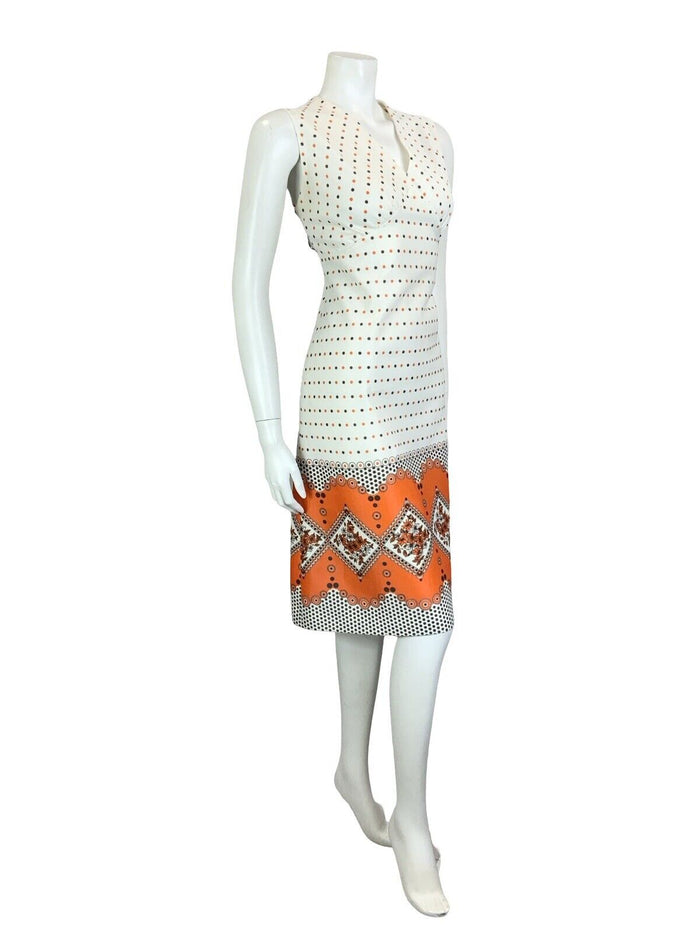 VTG 60S 70S WHITE ORANGE BROWN GEOMETRIC POLKA DOT FLORAL V NECK MIDI DRESS 12