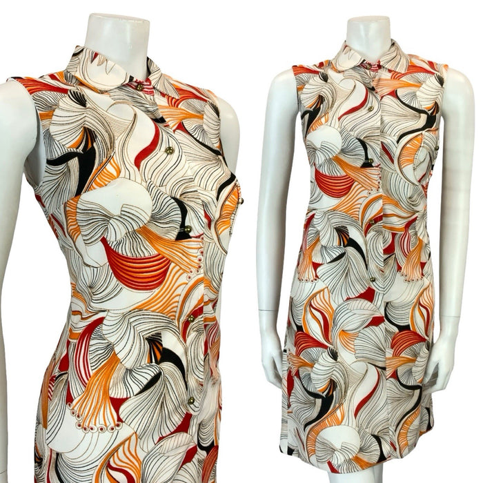VTG 60S 70S WHITE ORANGE RED BLACK PSYCHEDELIC LINES STRIPE SHIRT DRESS 8 10 S