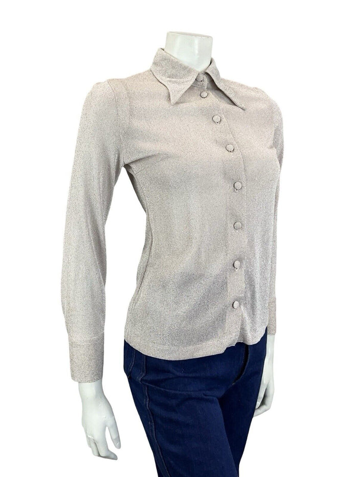VTG 60S 70S WHITE PASTEL PINK DAGGER COLLAR LONG SLEEVE LUREX PARTY SHIRT 6