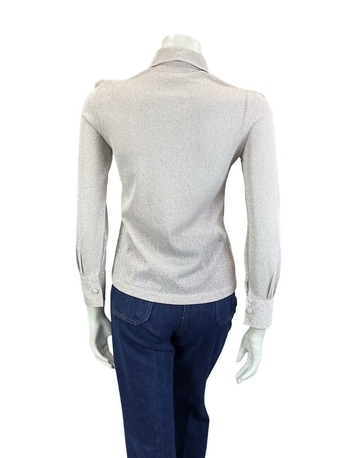 VTG 60S 70S WHITE PASTEL PINK DAGGER COLLAR LONG SLEEVE LUREX PARTY SHIRT 6