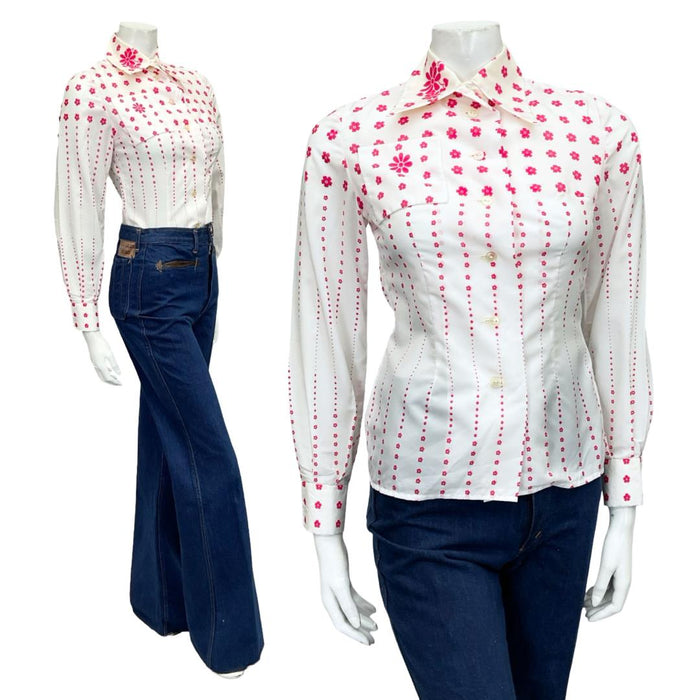 Mannequin wears a white and pink op art floral printed 60s 70s dagger collar shirt shrinking violets vintage