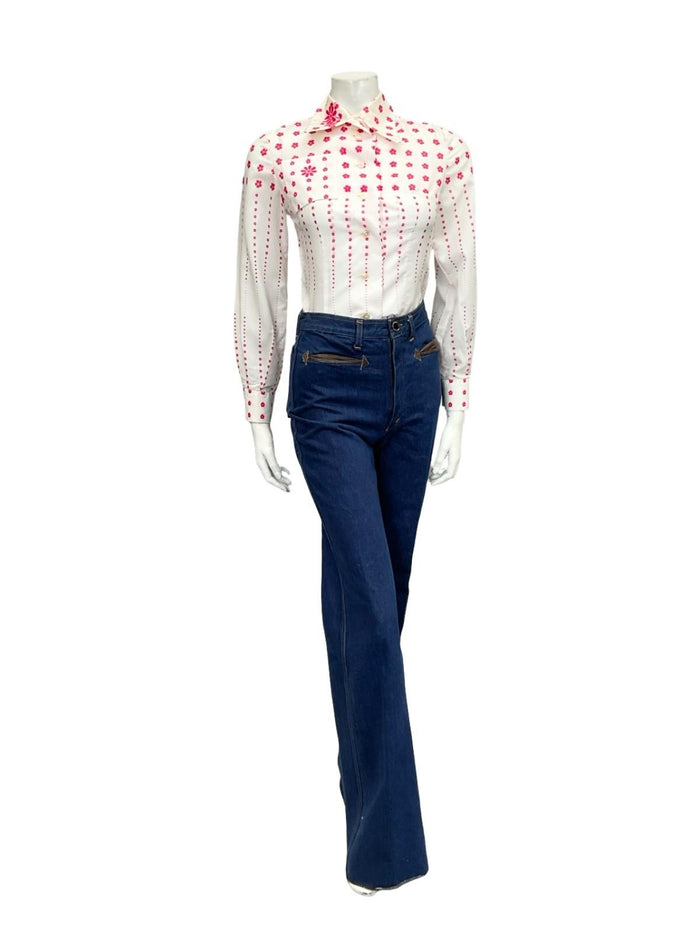 VTG 60S 70S WHITE PINK MOD DAGGER COLLAR FLORAL OP ART SHIRT 6 XS
