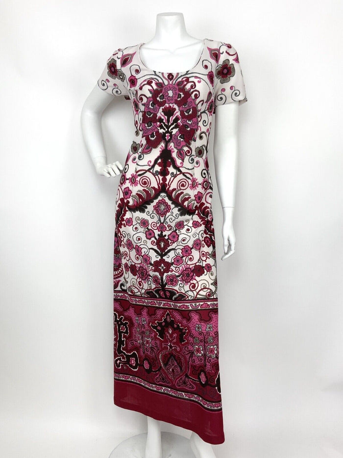 VTG 60s 70s WHITE PINK RED BLACK GREY FLORAL DOTTY SWIRL HIPPY MAXI DRESS 14 16