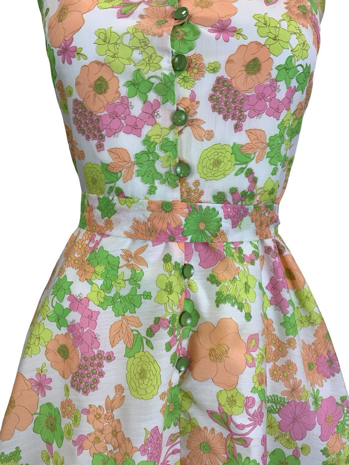 VTG 60S 70S WHITE PINK YELLOW ORANGE NEON FLORAL DAGGER BELTED SHIRT DRESS 6