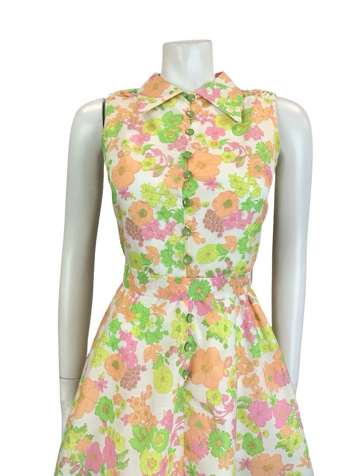 VTG 60S 70S WHITE PINK YELLOW ORANGE NEON FLORAL DAGGER BELTED SHIRT DRESS 6