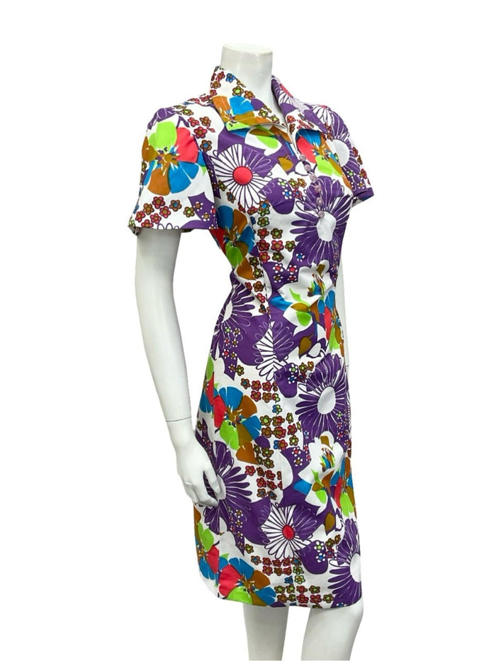 VTG 60S 70S WHITE PURPLE RED BLUE GREEN MOD FLORAL DAISY SHIFT DRESS 10