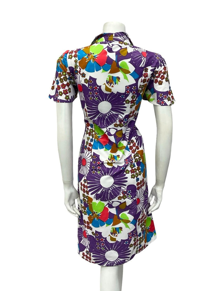 VTG 60S 70S WHITE PURPLE RED BLUE GREEN MOD FLORAL DAISY SHIFT DRESS 10