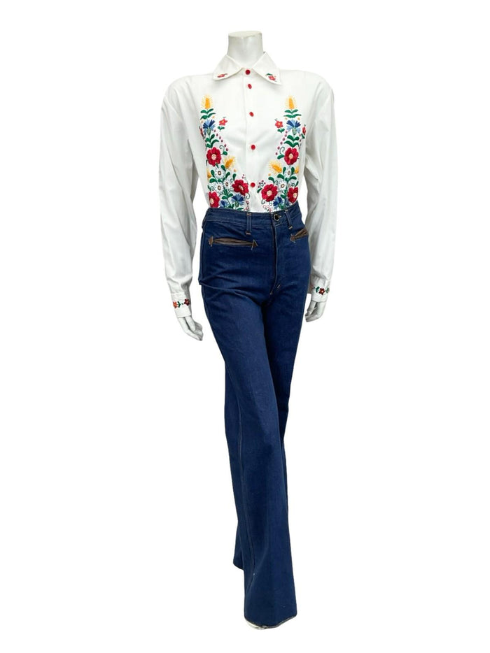 VTG 60S 70S WHITE RED BLUE YELLOW FOLK FLORAL WHEAT DAISY EMBROIDERY SHIRT 16 18