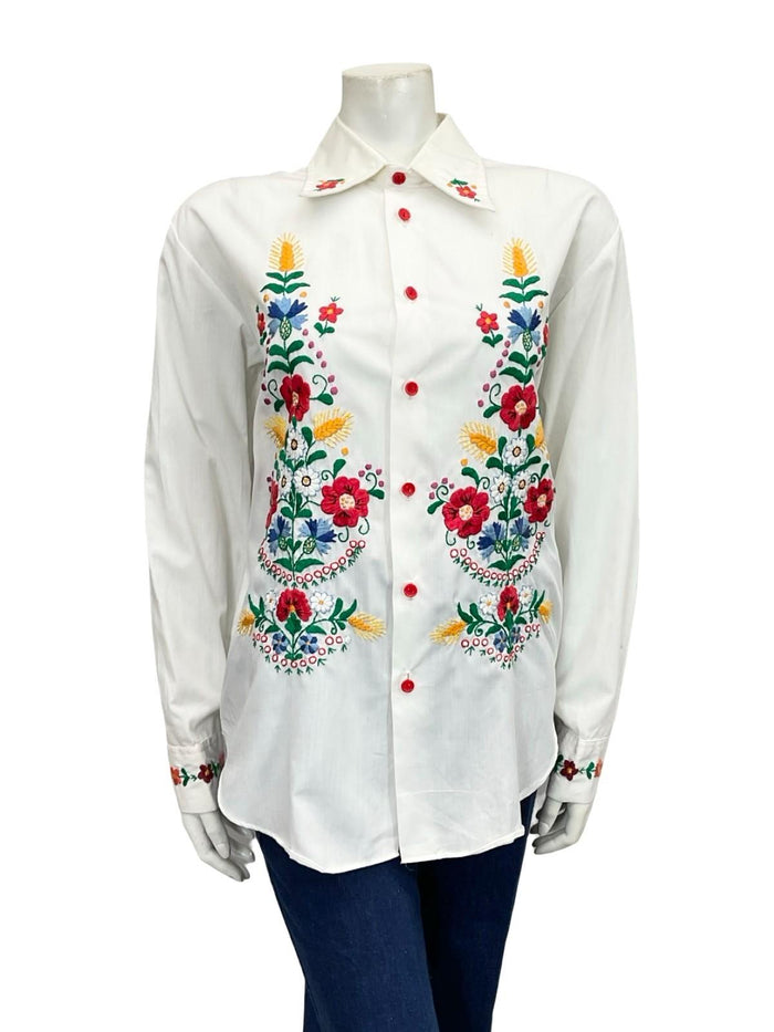 VTG 60S 70S WHITE RED BLUE YELLOW FOLK FLORAL WHEAT DAISY EMBROIDERY SHIRT 16 18