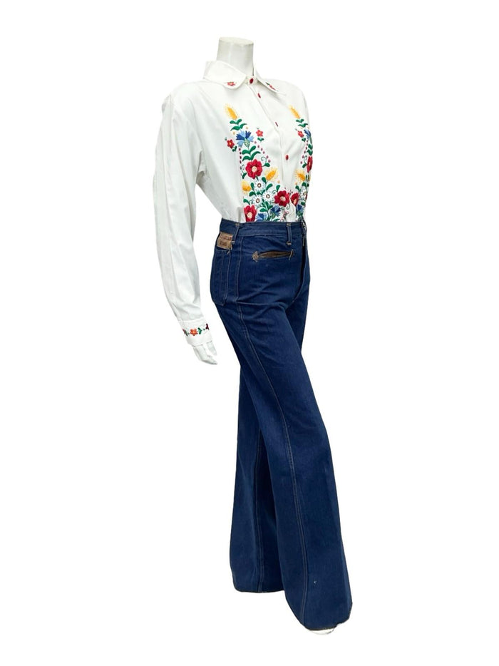 VTG 60S 70S WHITE RED BLUE YELLOW FOLK FLORAL WHEAT DAISY EMBROIDERY SHIRT 16 18