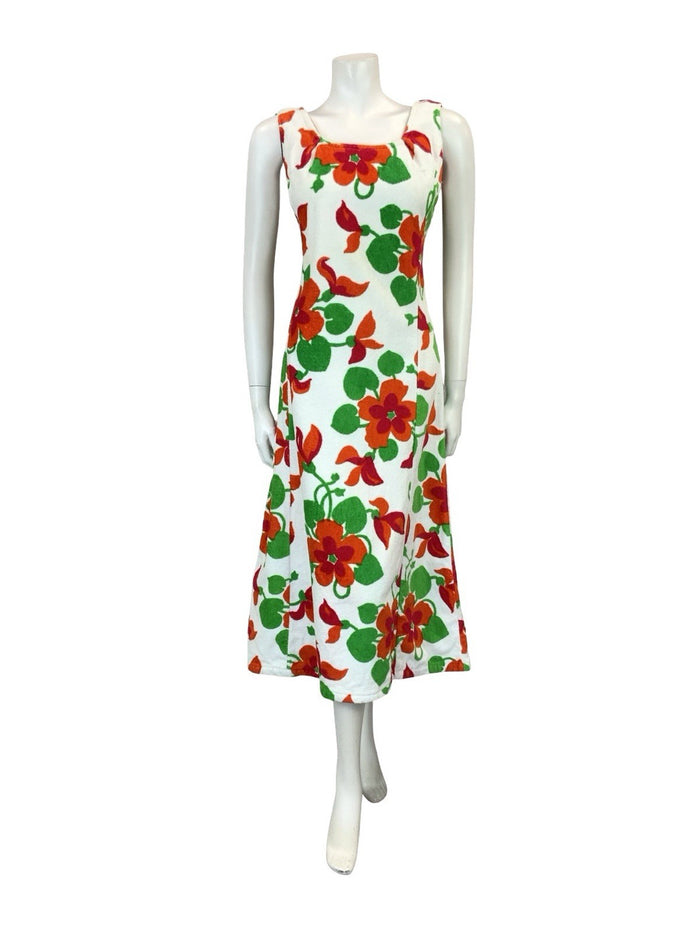 VTG 60S 70S WHITE RED GREEN FLORAL TOWELLING SCOOP NECK MIDI DRESS 8 10 S