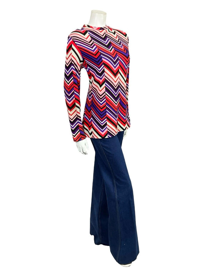 VTG 60S 70S WHITE RED PINK BLACK PURPLE GEOMETRIC MOD ZIG ZAG SHIFT BLOUSE 12 14
