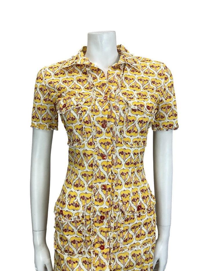 VTG 60S 70S WHITE RED YELLOW ART DECO WOMAN HEART RUFFLE SHIRT DRESS + POCKETS 8