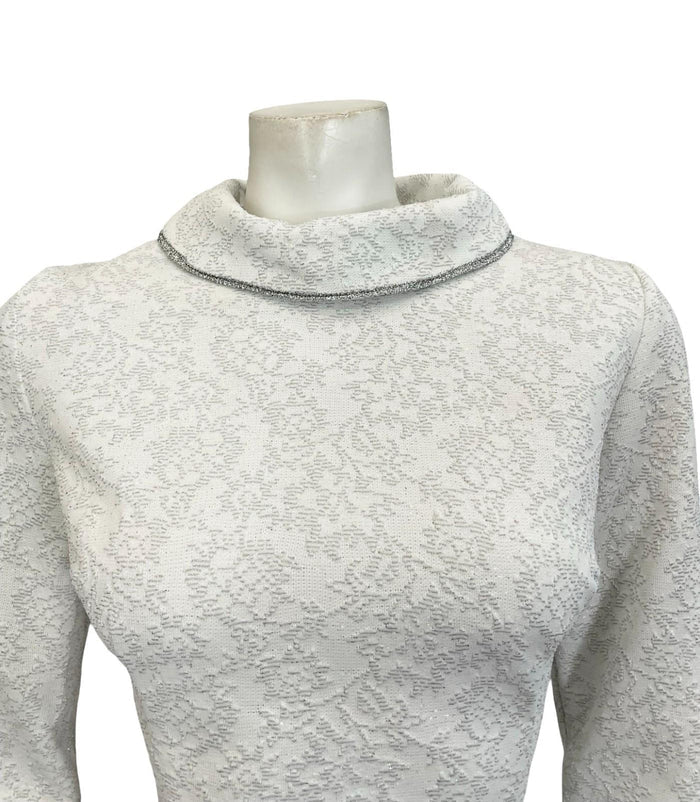 VTG 60S 70S WHITE SILVER MOD ROUND NECK LUREX GLITTERY PARTY BRIDAL? DRESS 10 12