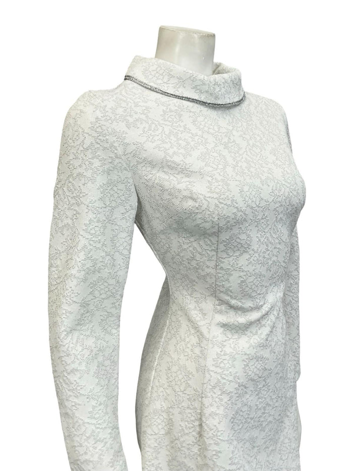 VTG 60S 70S WHITE SILVER MOD ROUND NECK LUREX GLITTERY PARTY BRIDAL? DRESS 10 12