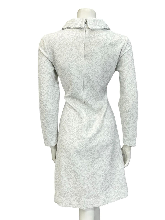 VTG 60S 70S WHITE SILVER MOD ROUND NECK LUREX GLITTERY PARTY BRIDAL? DRESS 10 12