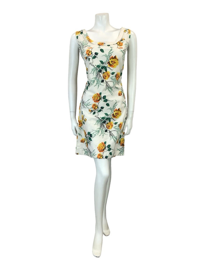 VTG 60S 70S WHITE YELLOW GREEN MOD ROSE FLORAL SHIFT SCOOP NECK DRESS 10
