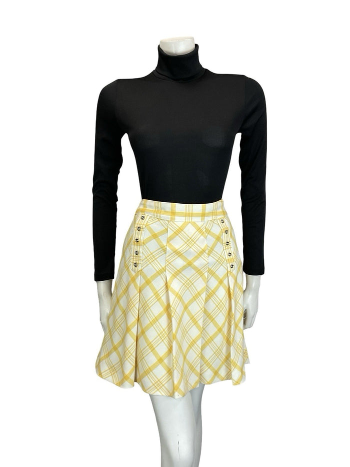 VTG 60S 70S WHITE YELLOW PLEATED SILVER DOUBLE BREAST SECRETARY MINI SKIRT 10